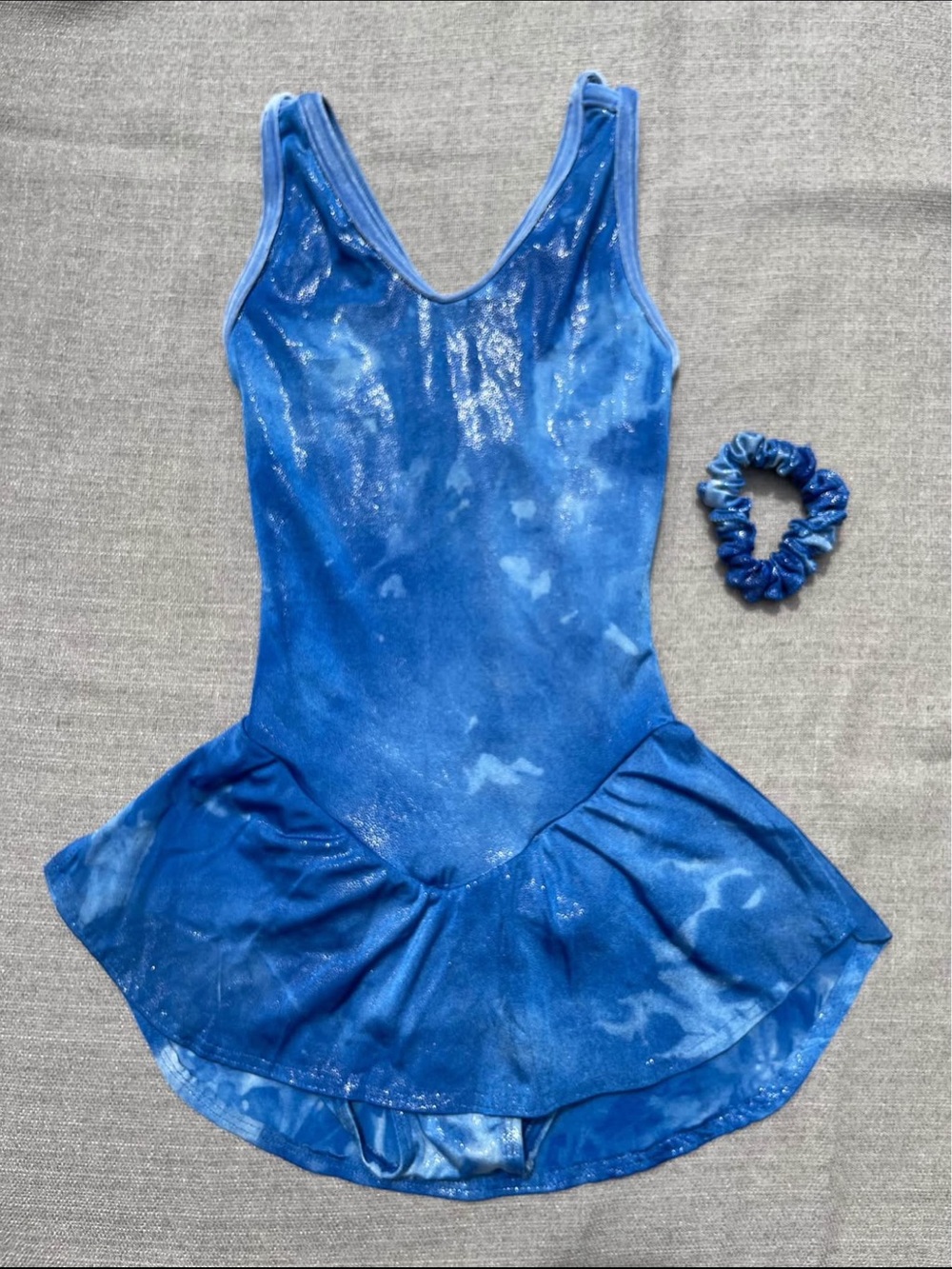 Adult XS Blue Shimmer Skirted One-Piece Leotard with Scrunchie Figure Skating